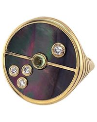 Retrouvai - Dark Mother Of Pearl And Mint Garnet Compass Yellow Gold Ring, 6 - Lyst