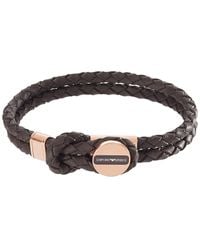 Emporio Armani - Brown Signature Medallion And Woven Leather Men's Bracelet - Lyst