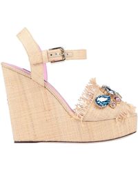 Damen Schuhe Absätze Sandalen mit Keilabsatz Dolce & Gabbana Leder Wedges mit Bastsohle aus bedrucktem Brokat in Blau 