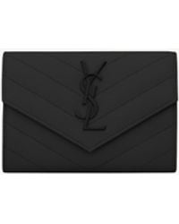 Saint Laurent - Cassandre Matelassé Petit Portefeuille Enveloppe En Cuir Grain De Poudre Noir - Lyst
