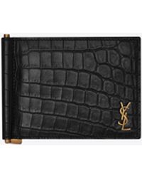 Saint Laurent Tiny Cassandre Bill Clip Wallet In Crocodile-embossed Leather - Black