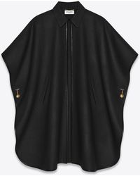 Saint Laurent Cape In Cashmere With Leather Piping - Black