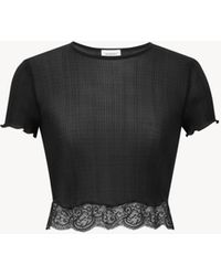 Saint Laurent - Oberteil Aus Gerippter Seide Mit Spitzenbesatz - Lyst