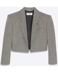 Saint Laurent Cropped Jacket In Prince Of Wales Tweed - Black