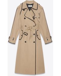 Saint Laurent Long Trench Coat In Gabardine And Leather - Natural