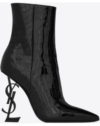 Saint Laurent Opyum Booties In Alligator-embossed Patent Leather With Black Heel