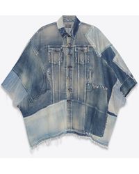 Saint Laurent Denim Patchwork Cape In 70's Blue Trash Indigo