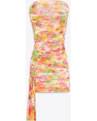 Saint Laurent - Ruched Strapless Dress In Floral Tulle - Lyst