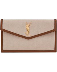 Saint Laurent Uptown Pouch In Canvas And Smooth Leather - Natural