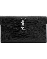 Saint Laurent Womens Black Silver Uptown Croc-embossed Leather Wallet-on-chain