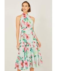 Yumi' - Mint Floral Halter Neck Midi Dress With Matching Belt - Lyst