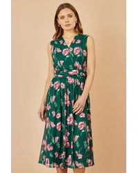 Yumi' - Floral Print Mesh Stretch Midi Dress With Pockets - Lyst