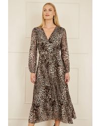 Yumi' - Leopard Print Pleated Long Sleeve Wrap Midi Dress - Lyst