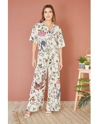 Yumi' - Viscose Bird And Floral Print Wide Leg Trousers - Lyst