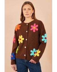 Yumi' - Knitted Flower Applique Cardigan - Lyst