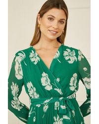 Yumi' - Floral Pleated Midi Wrap Long Sleeve Dress - Lyst