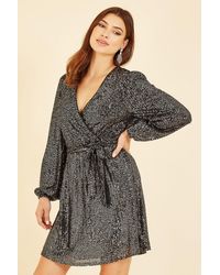 Mela - Sequin Belted Wrap Long Sleeve Dress - Lyst