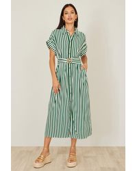 Yumi' - Stripe Print Relaxed Midi Shirt Dress With Belt - Lyst