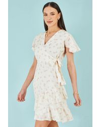 Yumi' - Rose Print Wrap Over Frill Dress - Lyst