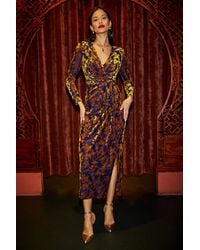 Yumi' - Velour Stretch Midi Dress With Long Sleeves - Lyst