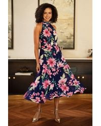 Yumi' - Floral Halter Neck Midi Dress With Matching Belt - Lyst