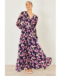 Yumi' - Orchid Floral Pleated Wrap Maxi Dress - Lyst