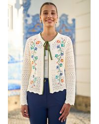 Yumi' - Crochet Knitted Tie Front Cardigan With Floral Embroidery - Lyst