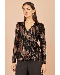 Yumi' - Multicolour Sequin Long Sleeve Wrap Top - Lyst
