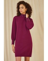 Yumi' - Plum Pearl Detail Knitted Relaxed Jumper Dress - Lyst