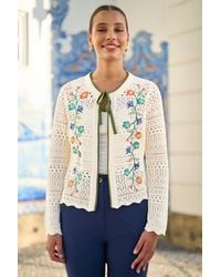 Yumi' - Crochet Knitted Tie Front Cardigan With Floral Embroidery - Lyst