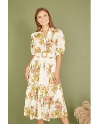 Yumi' - Premium Ivory Floral Print Broderie Anglaise Cotton Midi Shirt Dress With Matching Belt - Lyst