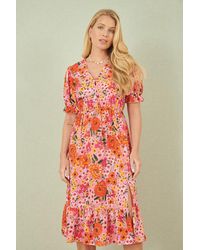 Yumi' - Floral Midi Dress With Frill Hem And Puff Sleeves - Lyst