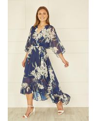Yumi' - Floral Kimono Sleeves Dip Hem Wrap Midi Dress - Lyst