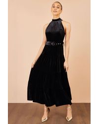 Yumi' - Velvet Halter Midi Dress With Belt - Lyst