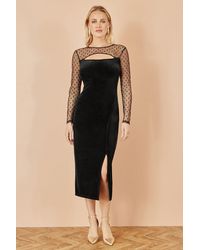 Yumi' - Velvet Midi Dress With Slash Neckline And Sheer Sleeves - Lyst