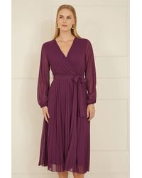Yumi' - Plum Pleated Wrap Midi Dress With Sheer Long Sleeves - Lyst