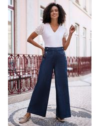 Yumi' - Chambray Wide Leg Trousers With Button Details - Lyst