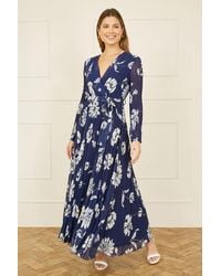 Yumi' - Floral Pleated Midi Wrap Long Sleeve Dress - Lyst
