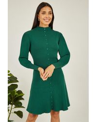 Yumi' - Knitted Button Up Midi Dress With Balloon Sleeves - Lyst