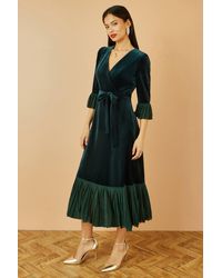 Yumi' - Velvet Wrap Midi Dress With Contrast Hemline - Lyst
