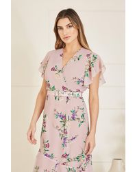 Yumi' - Blush Wrap Over Midi Dress With Frill Details And Matching Belt - Lyst