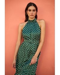 Yumi' - Spot Print Halter Midi Dress With Matching Belt - Lyst
