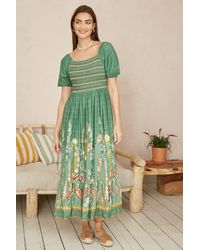 Yumi' - Ruched Leaf Print Maxi Dress With Puff Sleeves - Lyst