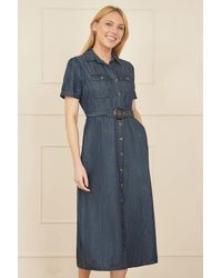 Yumi' - Chambray Utility Midi Denim Shirt Dress - Lyst