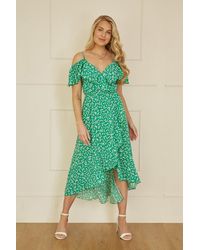 Yumi' - Ditsy Print Bardot Midi Dress With Dip Hem - Lyst