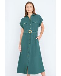 Yumi' - Viscose Linen Look Midi Shirt Dress With Wooden Belt - Lyst