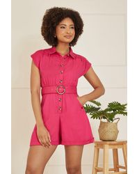 Yumi' - Cotton Twill Button Up Playsuit With Matching Belt - Lyst