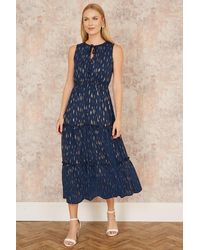 Yumi' - Foil Print Ruched Waist Midi Dress With Tie Notch Neckline - Lyst