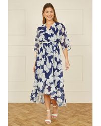 Yumi' - Mesh Bird And Floral Print Midi Dress With Ruffles - Lyst