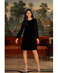 Yumi' - Velvet Tunic Dress With Pleated Balloon Sleeves And Tie Back - Lyst